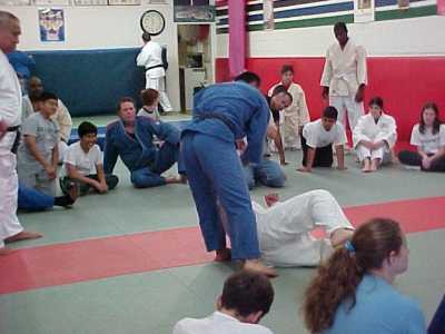 Coach Raul Tamayo throw demo with Jimmy, blind judo kids clinic, KRON 4 News Taping - April 2004