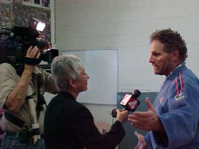 Sensei Pat Barre interview with reporter Ysabel Duran at blind judo kids clinic, KRON 4 News Taping - April 2004